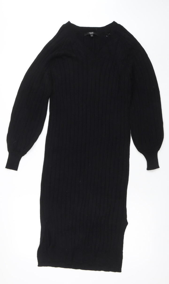 Next Women’s Black XS V-Neck Ribbed Long Sleeve Bodycon Knit Dress