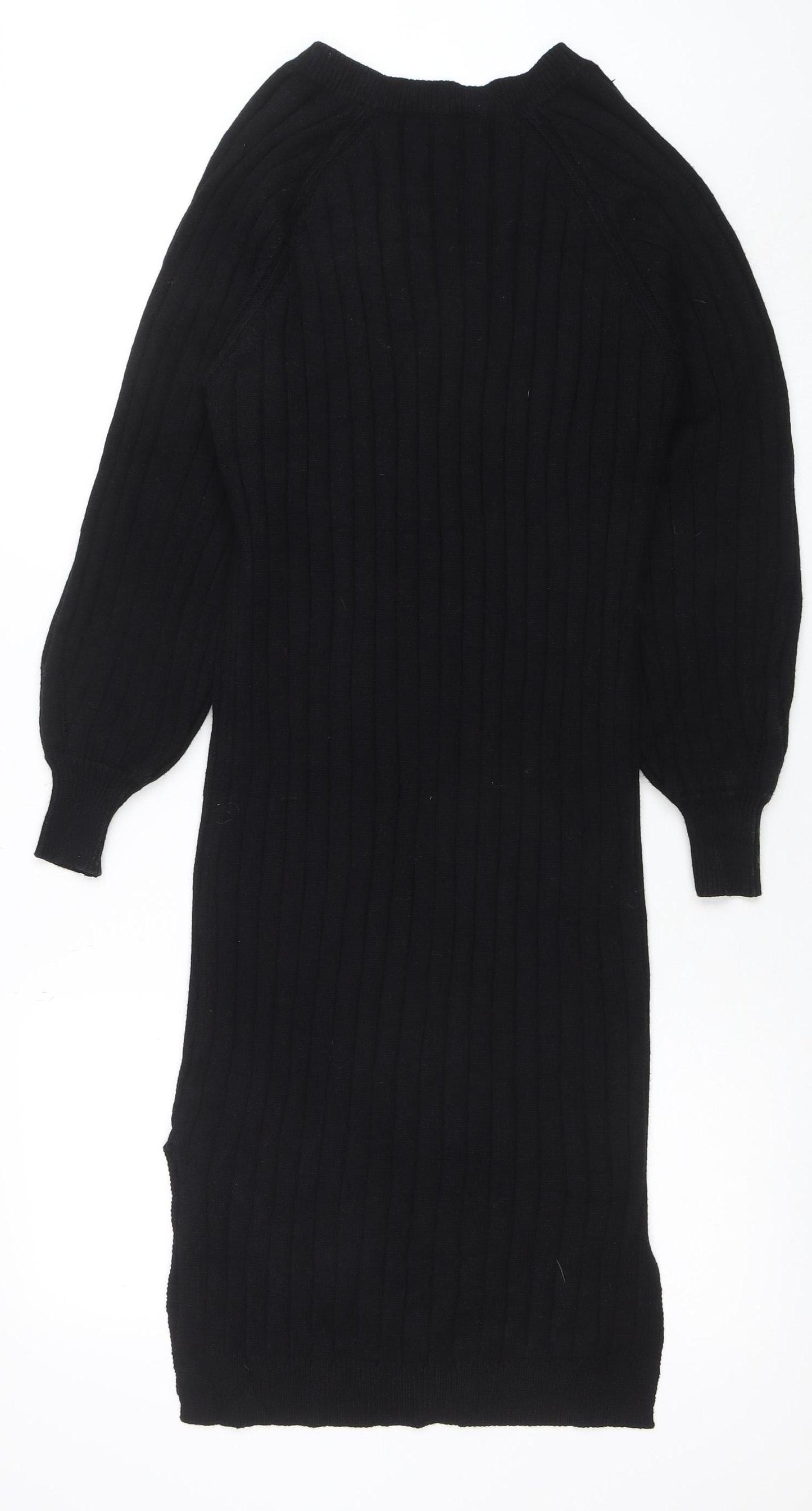 Next Women’s Black XS V-Neck Ribbed Long Sleeve Bodycon Knit Dress