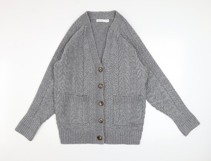 Warehouse Women’s Grey Cable Knit Cardigan Small Polyester Blend
