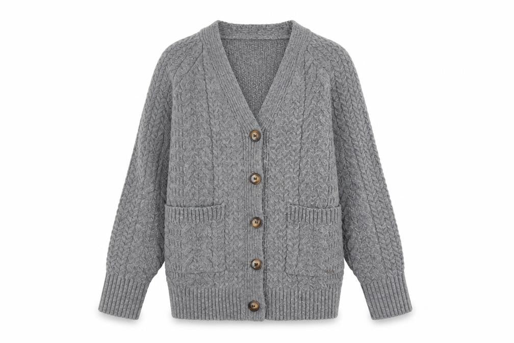 Front view of Warehouse Women’s Grey Cable Knit Cardigan Small Polyester Blend