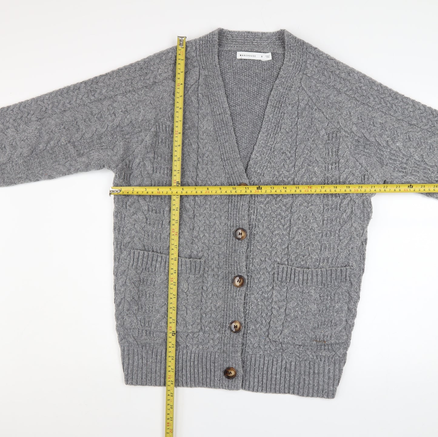 Warehouse Women’s Grey Cable Knit Cardigan Small Polyester Blend