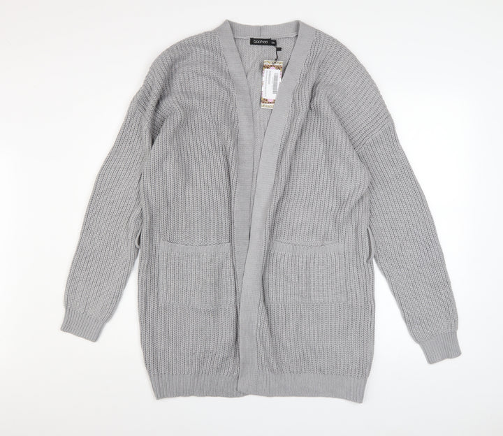 Boohoo Women Grey Chunky Knit Long Sleeve Open Cardigan S