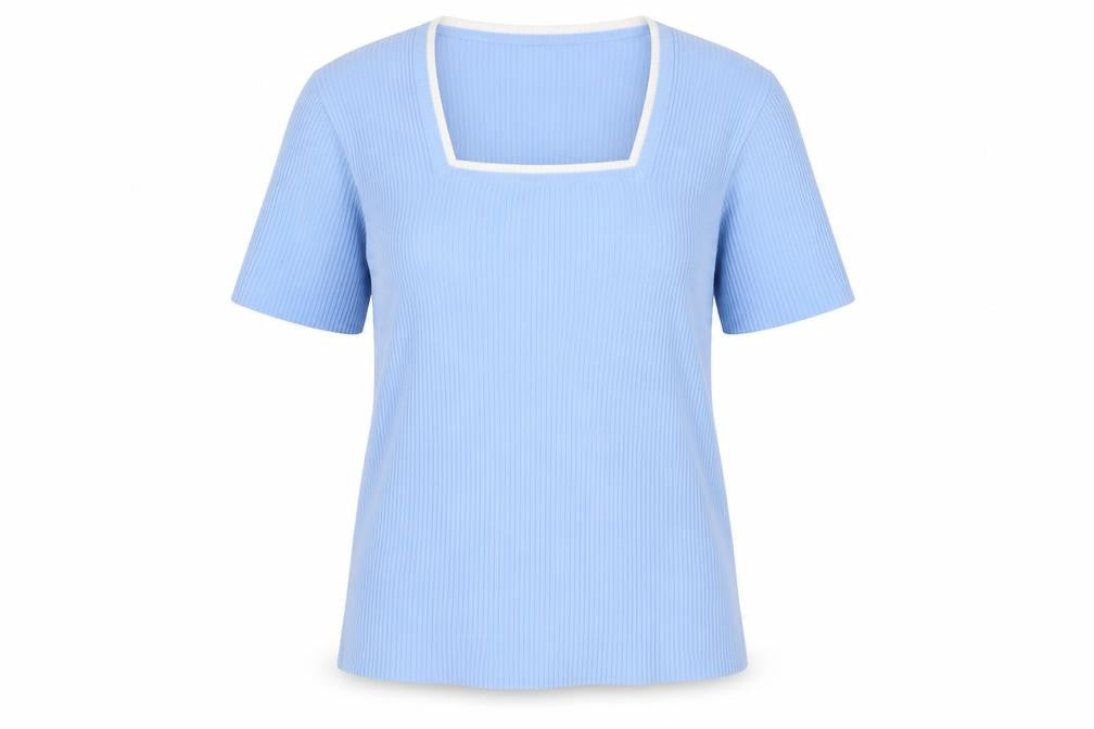 Front view of Daxon women’s blue short sleeve knit square neck top, size UK 14/16