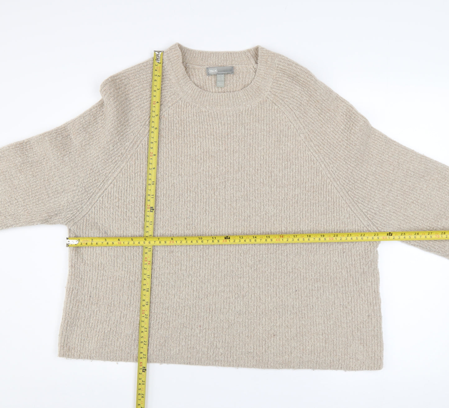 ASOS Women Beige Crew Neck Long Sleeve Relaxed Knit Jumper Size 14