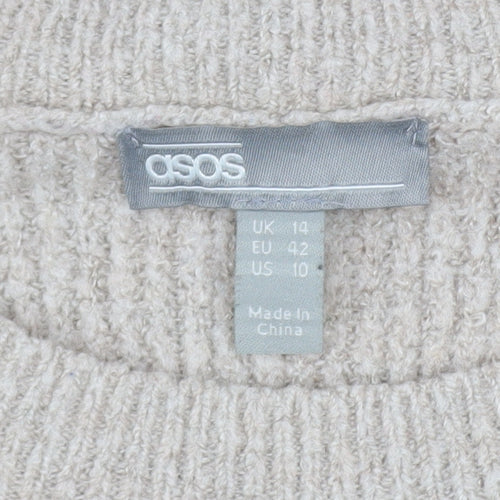 ASOS Women Beige Crew Neck Long Sleeve Relaxed Knit Jumper Size 14