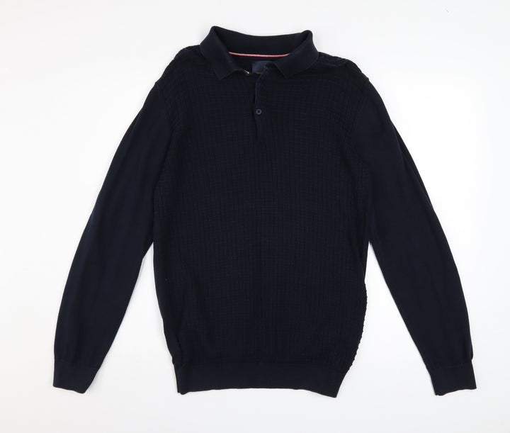 Guide London Men's Blue Cotton Long Sleeve Henley Jumper L
