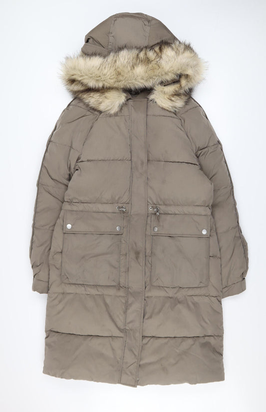 Marks and Spencer Women’s Beige Long Puffer Coat Size 10 Hooded Faux Fur Trim