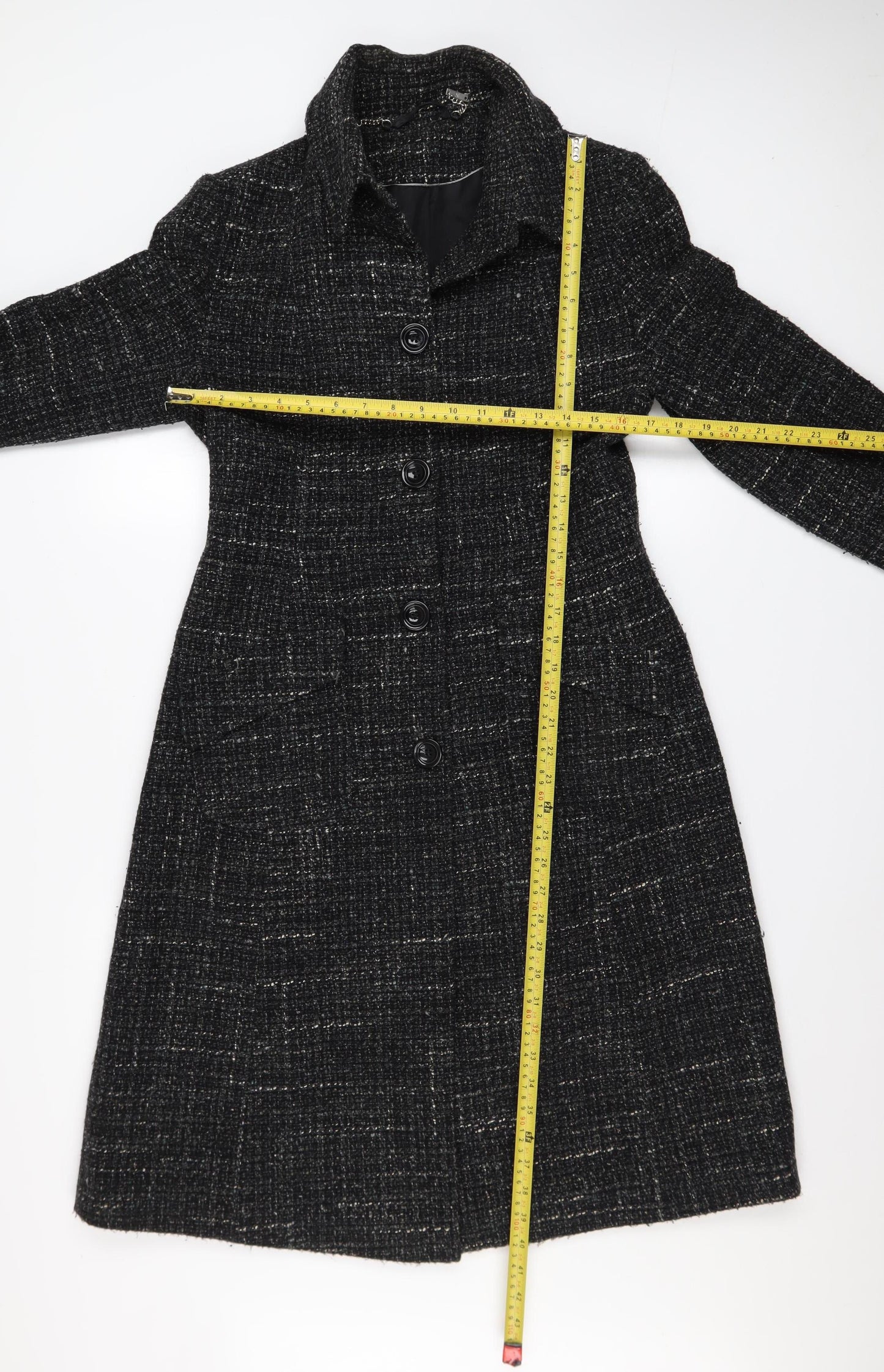 Next Women's Black Tweed Wool Blend Long Overcoat UK 12