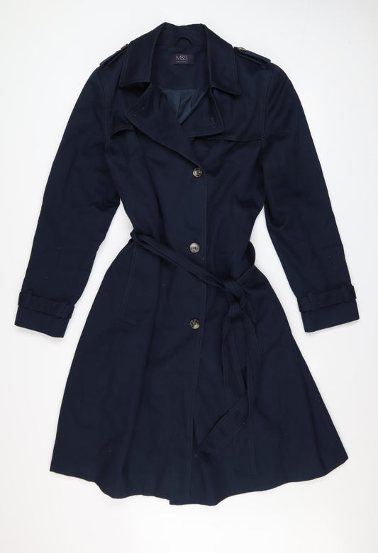 Marks and Spencer Womens Blue Trench Coat Size 14 Cotton Belted Long