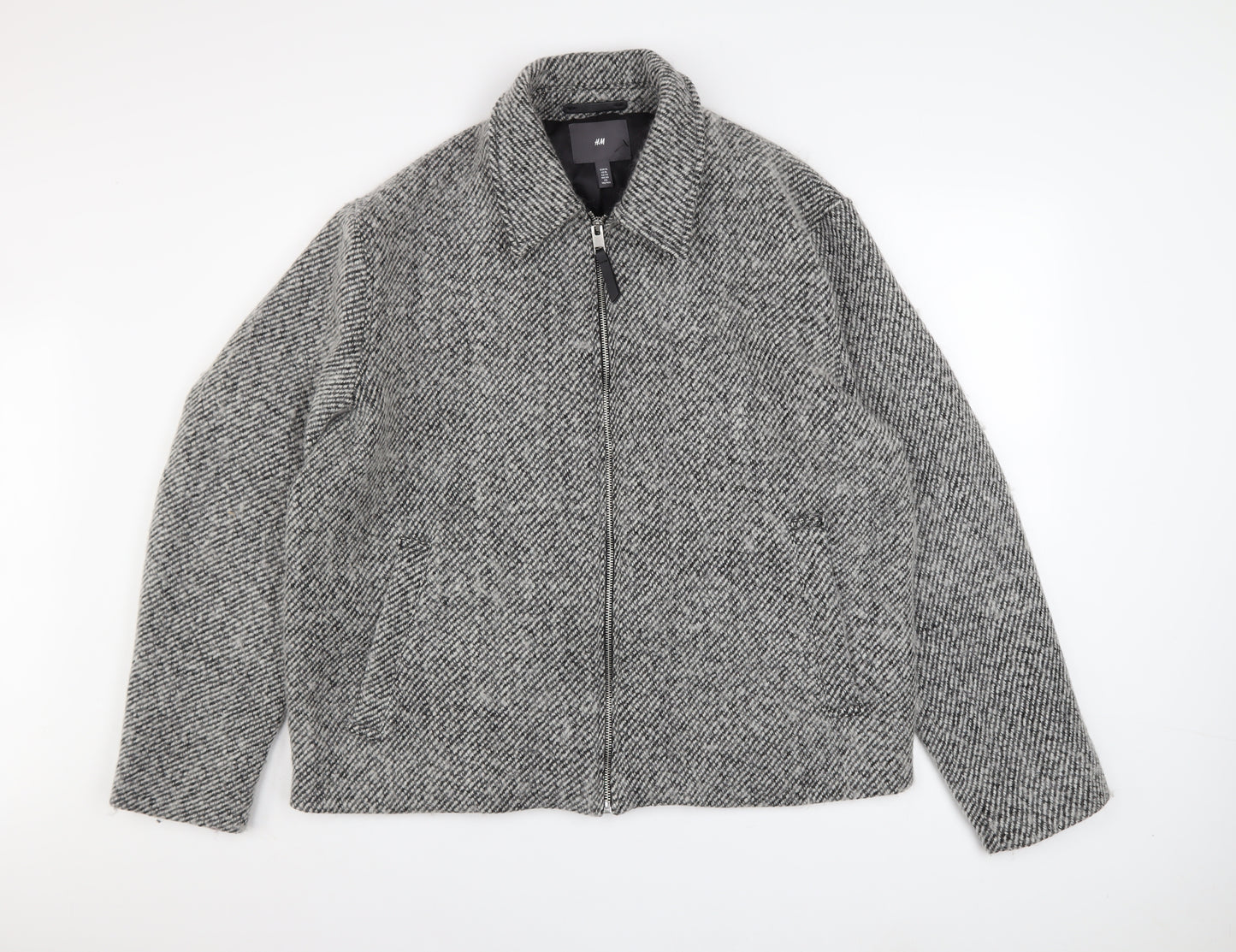 H&M Mens Grey Wool Blend Zip Up Tweed Jacket XL