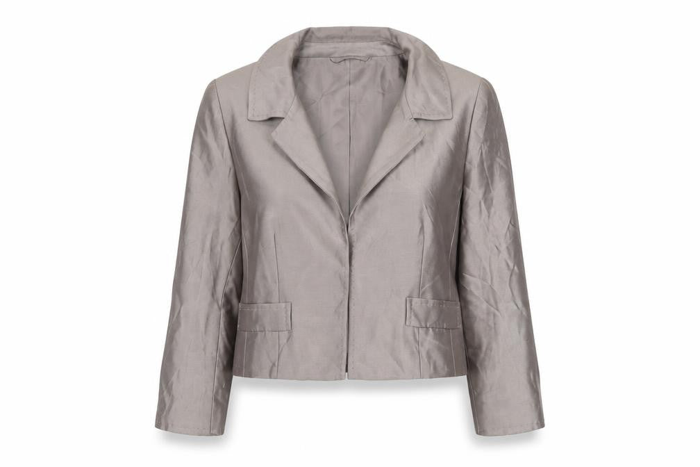 Front view of Fenn Wright Manson Women's Grey Silk Cropped Blazer, size 12