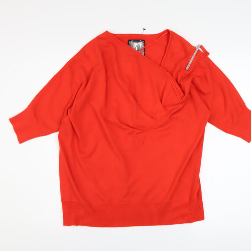 Apriori Women's Red V-Neck Zip Detail Knit Jumper Size 16