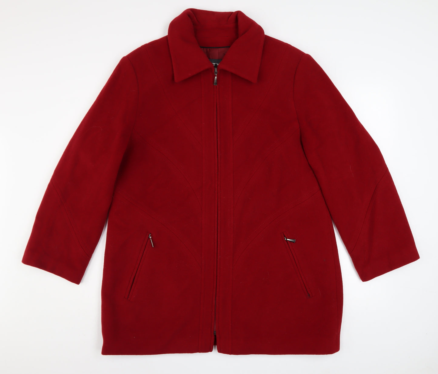 STYLE Womens Red Wool Cashmere Long Zip Up Coat Size 14