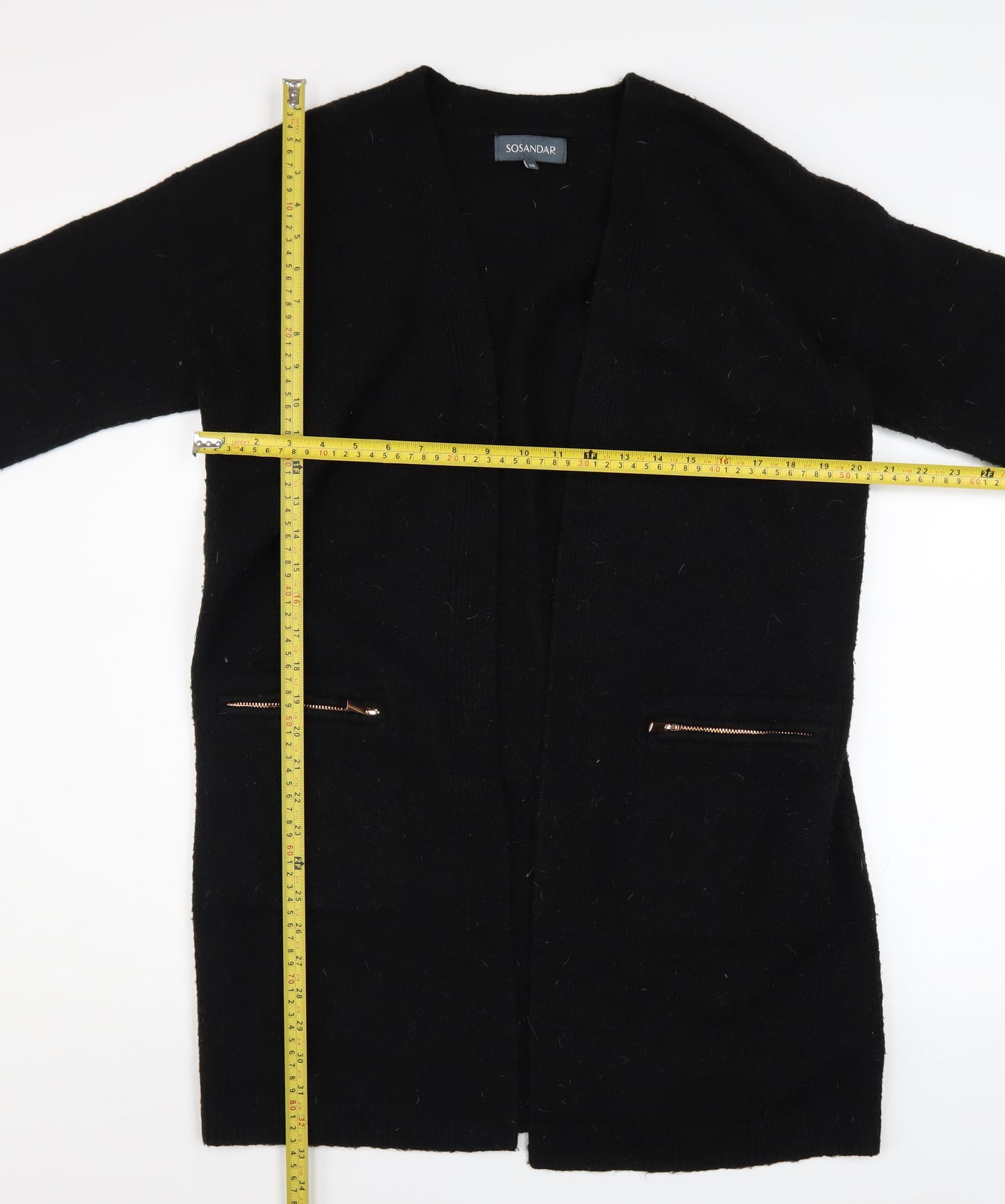 Sosandar Women’s Black Longline Zip Pocket Knit Cardigan Size 10