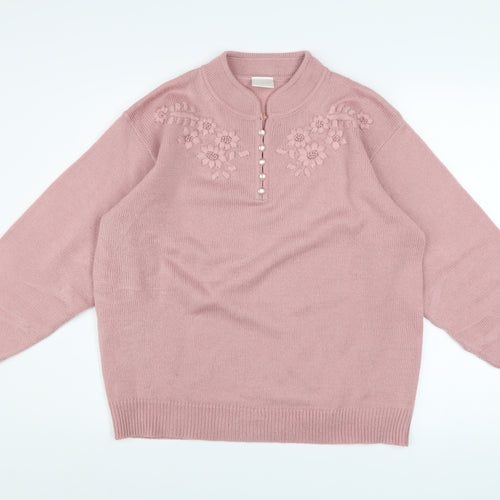 Classics Women Pink Acrylic Henley Jumper Size 16 Embroidered