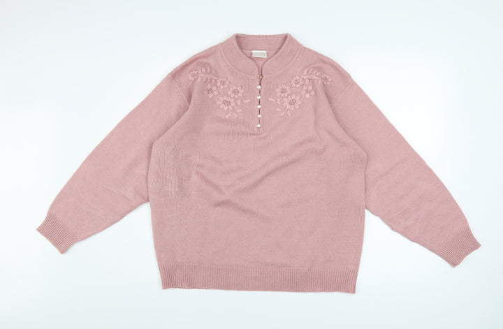 Classics Women Pink Acrylic Henley Jumper Size 16 Embroidered