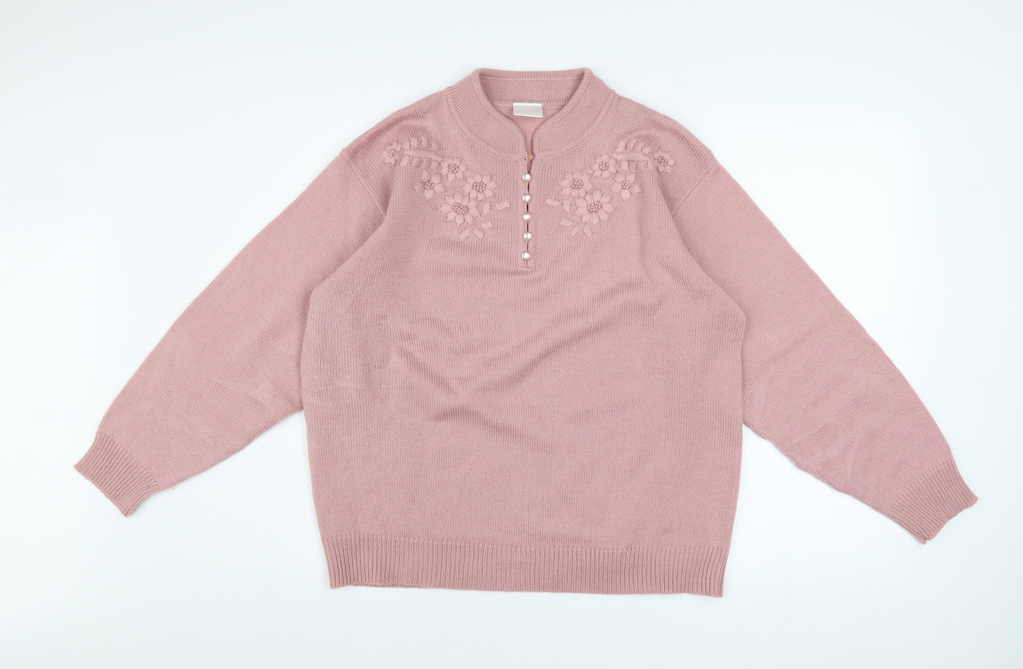Classics Women Pink Acrylic Henley Jumper Size 16 Embroidered