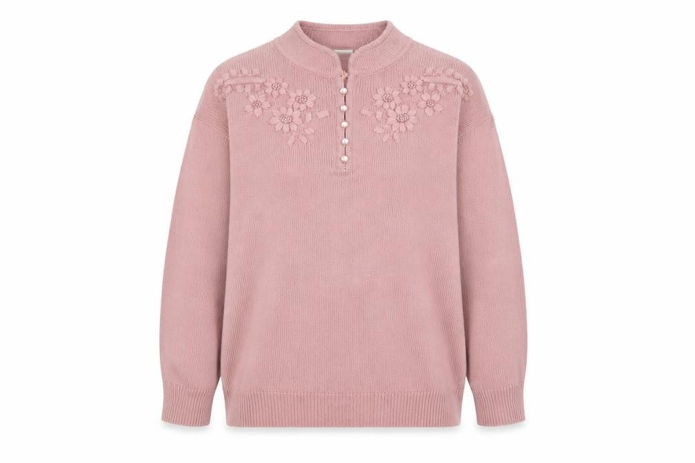 Front view of Classics Women Pink Acrylic Henley Jumper, size 16, Embroidered