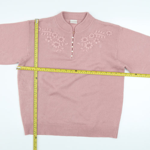 Classics Women Pink Acrylic Henley Jumper Size 16 Embroidered