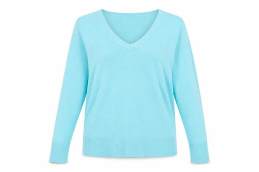 Front view of BHS Women's Blue V-Neck Long Sleeve Acrylic Knit Jumper, size 12
