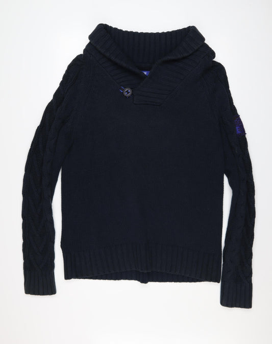 Gio-Goi Men's Blue Cable-Knit Shawl Collar Cotton Pullover Jumper Size L