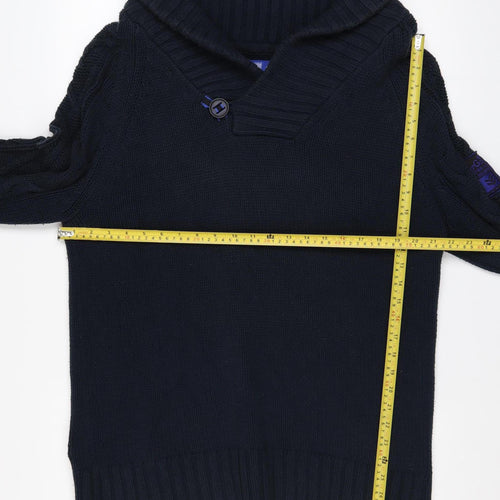Gio-Goi Men's Blue Cable-Knit Shawl Collar Cotton Pullover Jumper Size L