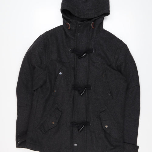 Next Men's Black Wool Blend Duffle Coat Size M Hooded Mid-Length Warm
