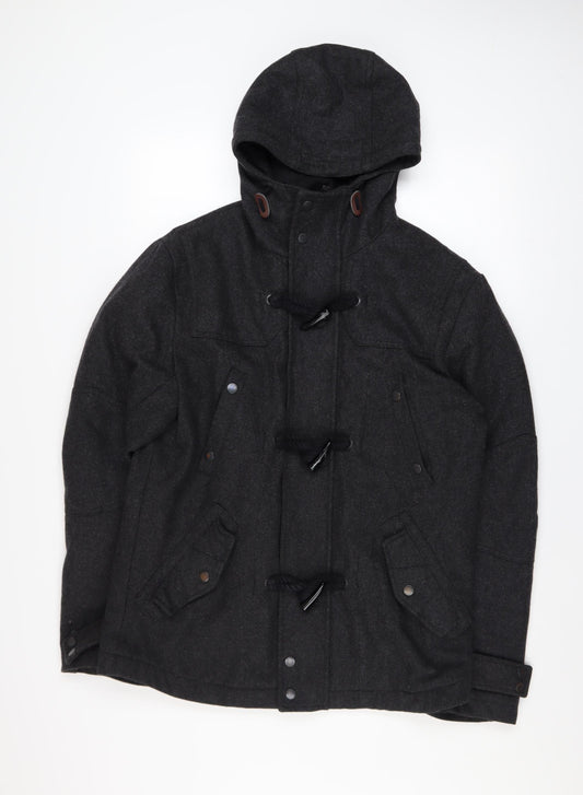 Next Men's Black Wool Blend Duffle Coat Size M Hooded Mid-Length Warm