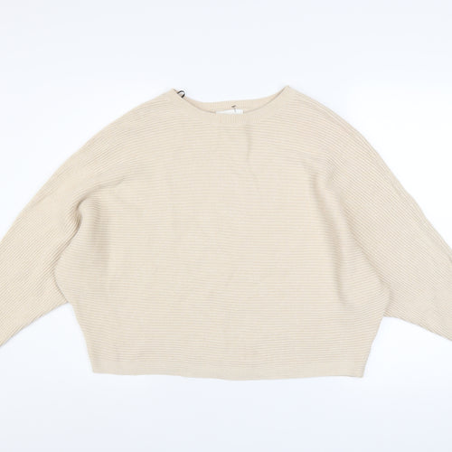 H&M Women Beige Cotton Ribbed Relaxed Fit Jumper Size S