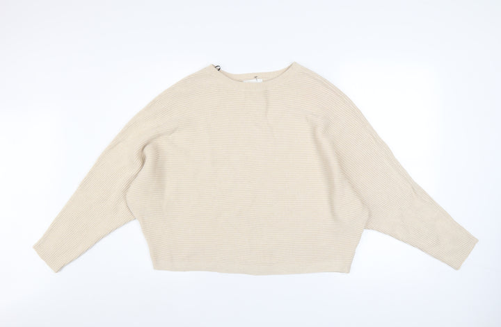 H&M Women Beige Cotton Ribbed Relaxed Fit Jumper Size S
