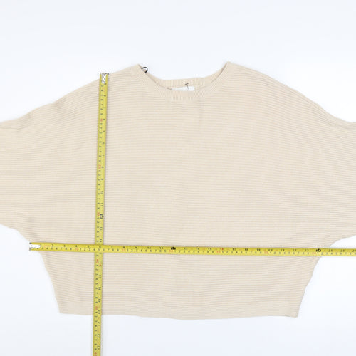 H&M Women Beige Cotton Ribbed Relaxed Fit Jumper Size S