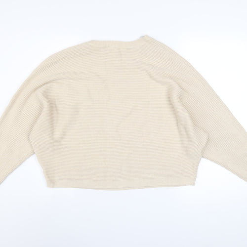 H&M Women Beige Cotton Ribbed Relaxed Fit Jumper Size S