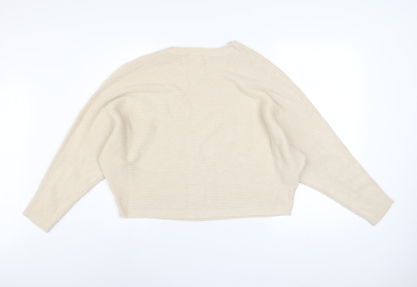 H&M Women Beige Cotton Ribbed Relaxed Fit Jumper Size S