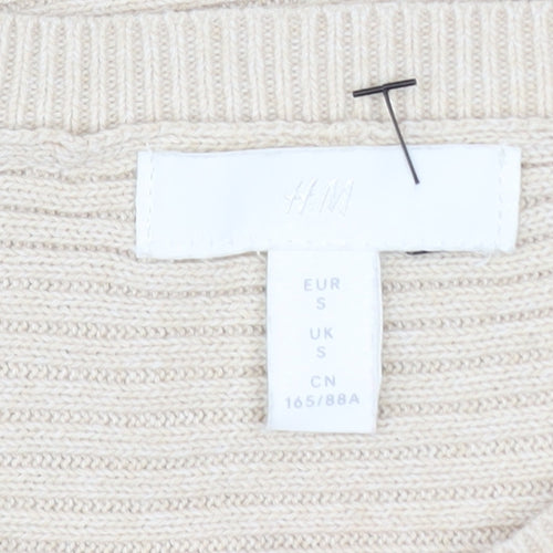 H&M Women Beige Cotton Ribbed Relaxed Fit Jumper Size S