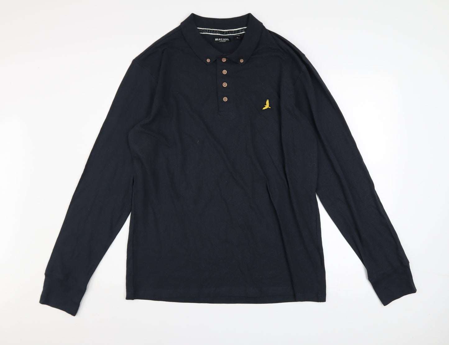 Brave Soul Men's Black Long Sleeve Cotton Polo Shirt Size L