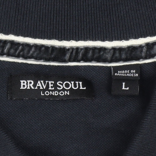 Brave Soul Men's Black Long Sleeve Cotton Polo Shirt Size L
