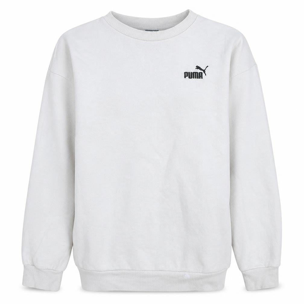 Front view of Puma Men’s White Crew Neck Pullover Sweatshirt, size S, Regular Fit