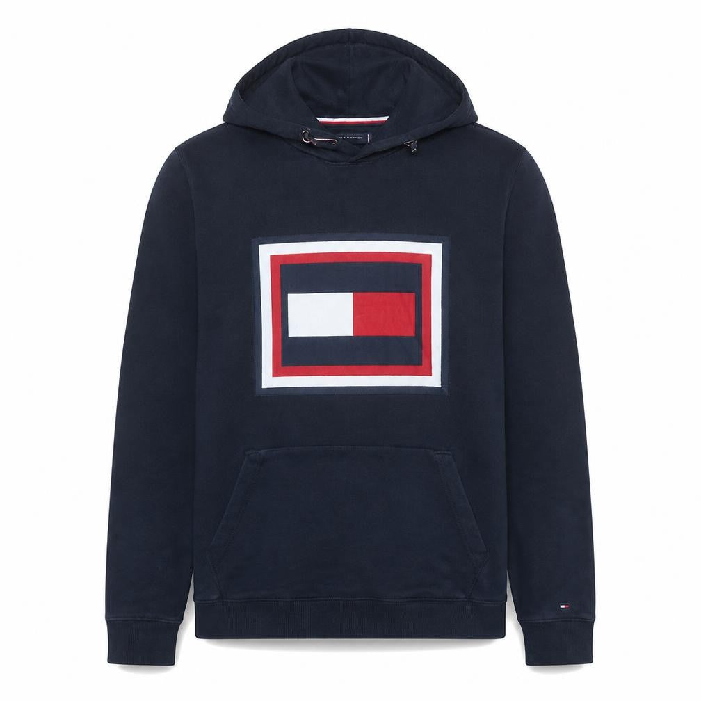 Front view of Tommy Hilfiger Men's Blue Pullover Hoodie M Classic Logo Cotton Sweatshirt