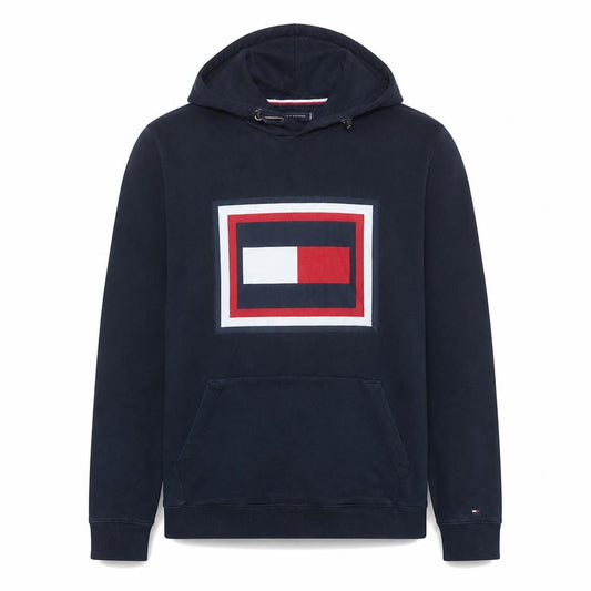 Front view of Tommy Hilfiger Men's Blue Pullover Hoodie M Classic Logo Cotton Sweatshirt