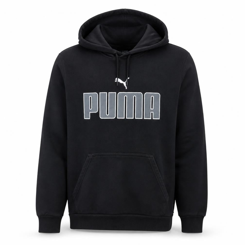 Front view of Puma men’s black xl pullover hoodie graphic fleece sweatshirt