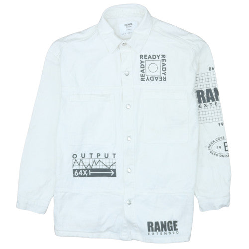 Bershka Men’s White Cotton Graphic Denim Jacket Size S