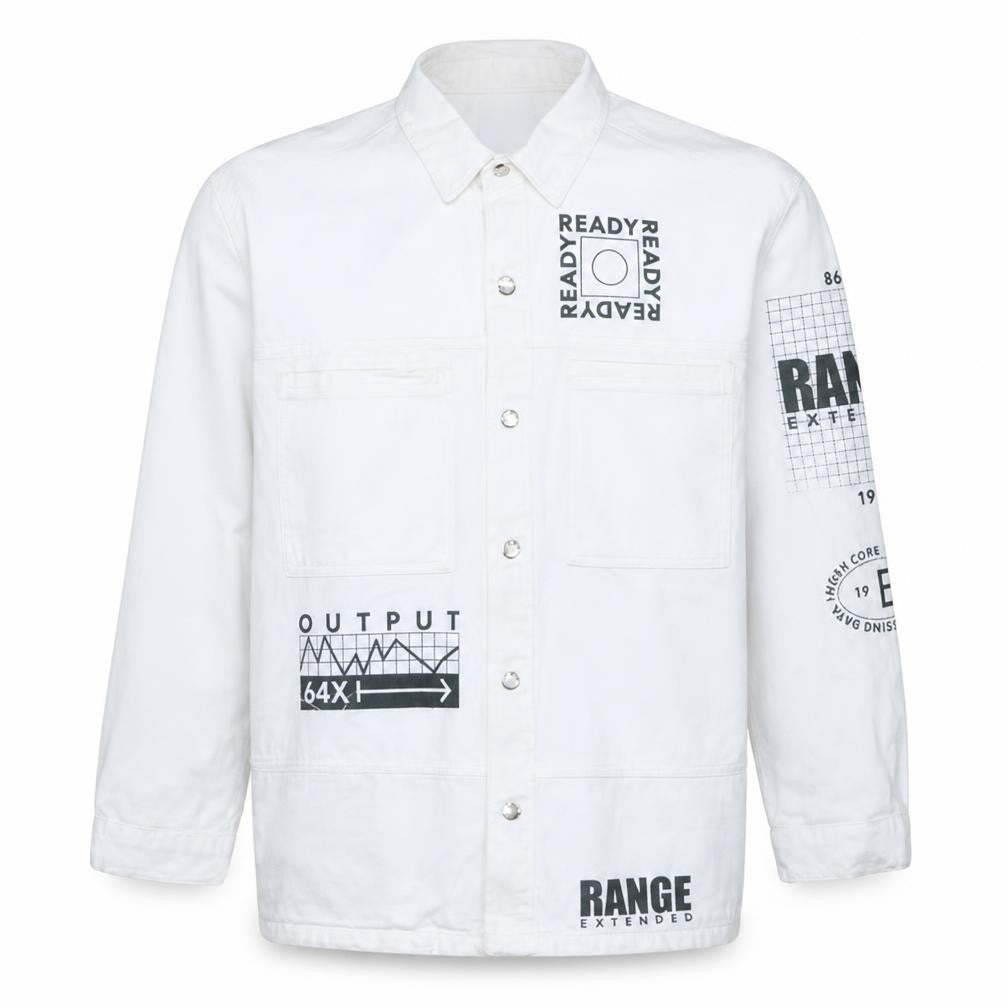 Front view of Bershka Men’s White Cotton Graphic Denim Jacket, size S
