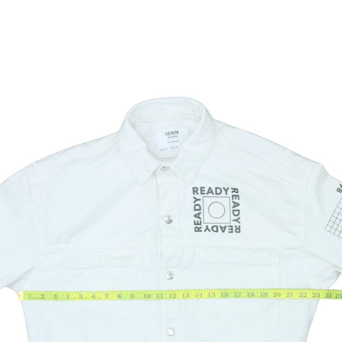 Bershka Men’s White Cotton Graphic Denim Jacket Size S