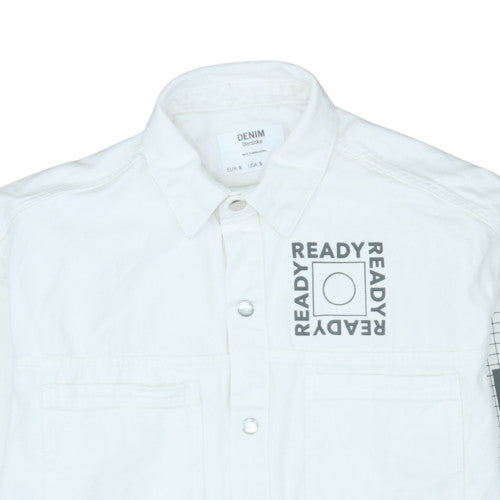 Bershka Men’s White Cotton Graphic Denim Jacket Size S