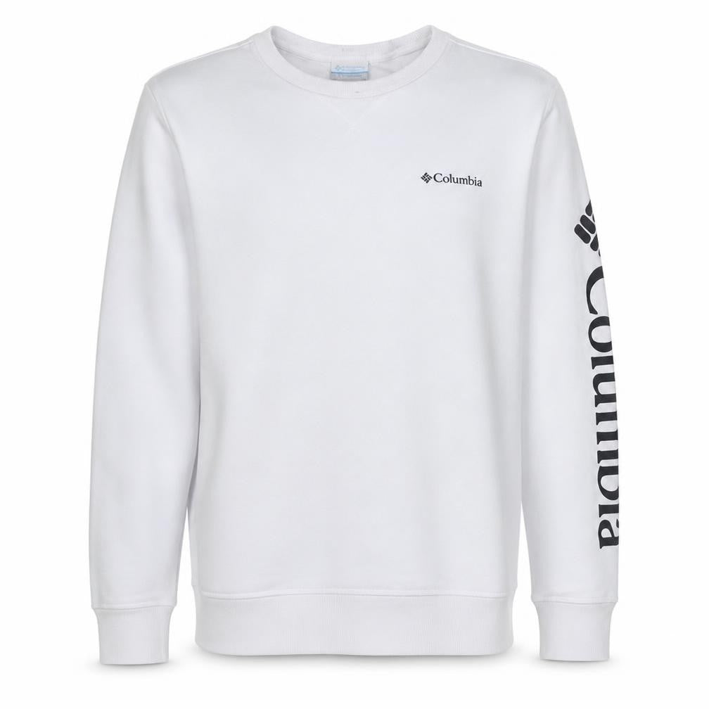 Front view of Columbia men’s white small crew neck long sleeve sweatshirt pullover