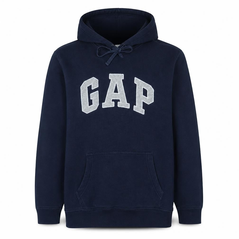 Front view of Gap Men Blue Pullover Hoodie L Fleece Logo Regular Fit
