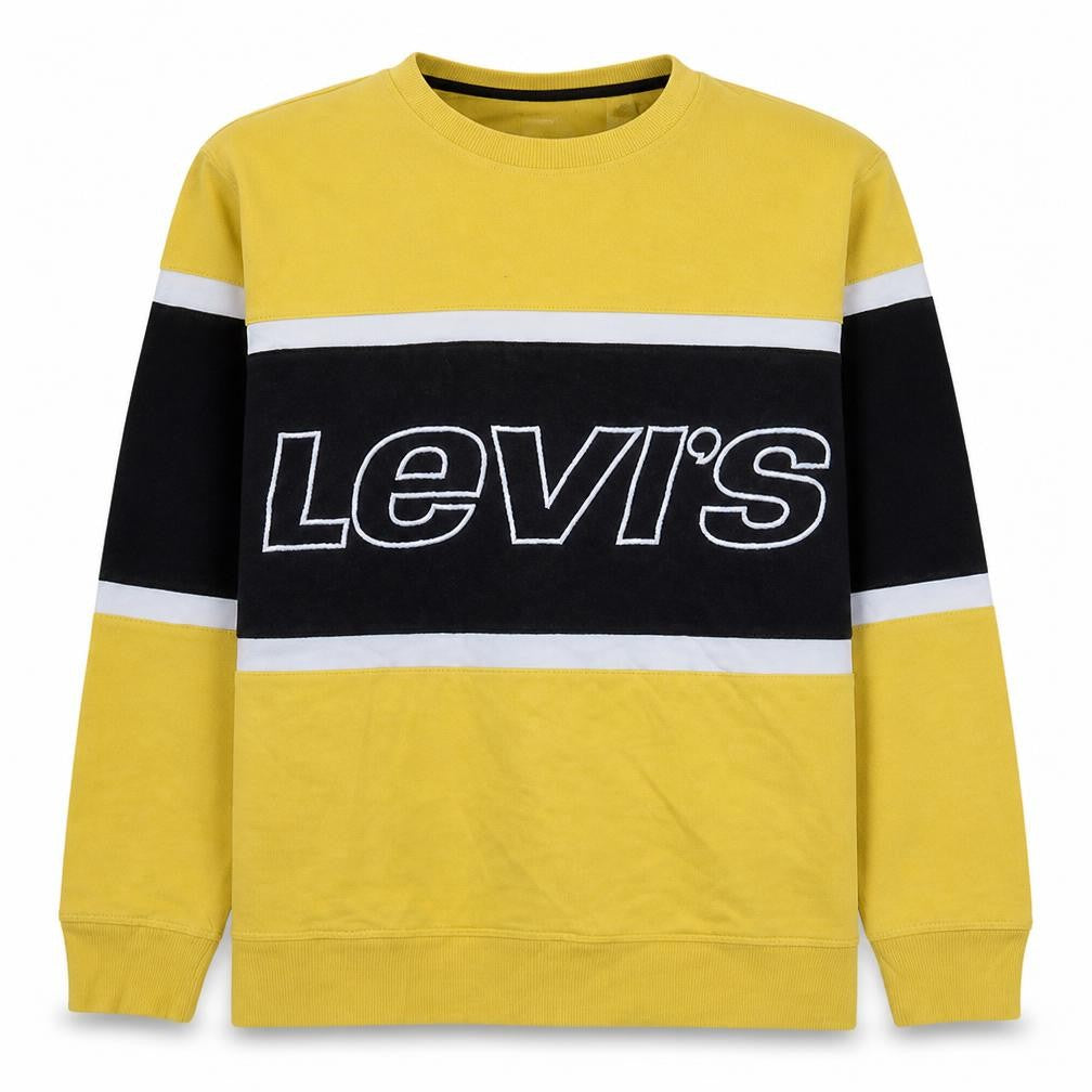 Front view of Levi's men’s yellow crew neck logo pullover sweatshirt l
