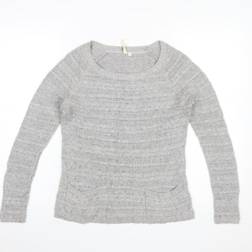 White Stuff Womens Grey Cable-Knit Jumper Size 8 Scoop Neck Pullover
