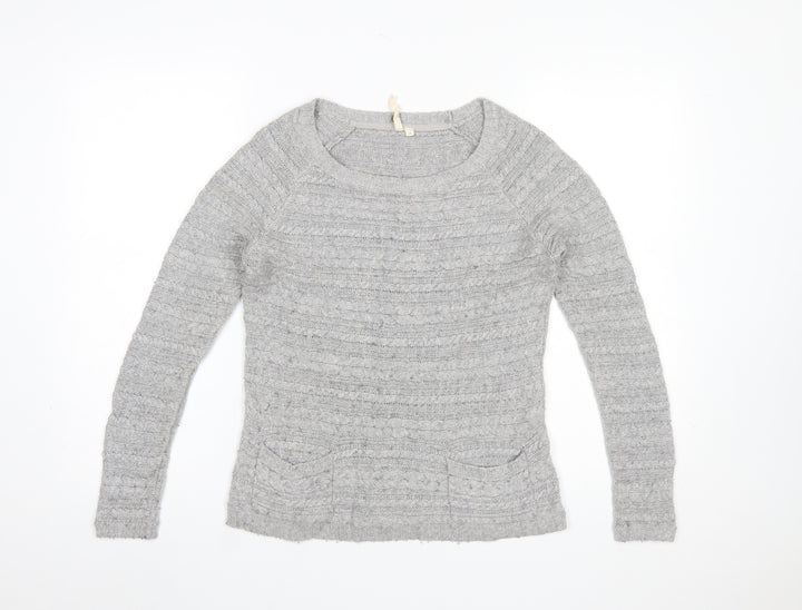 White Stuff Womens Grey Cable-Knit Jumper Size 8 Scoop Neck Pullover