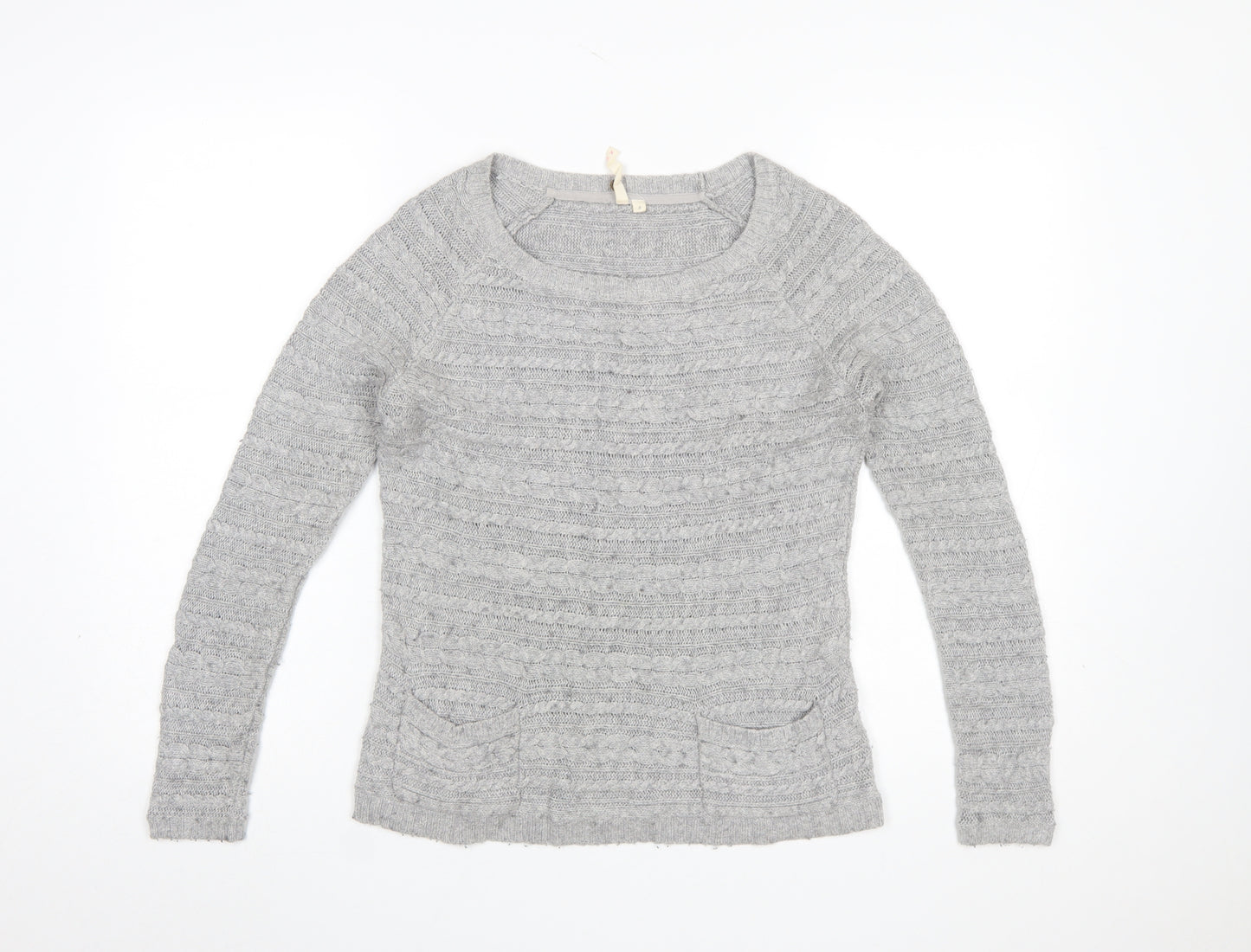 White Stuff Womens Grey Cable-Knit Jumper Size 8 Scoop Neck Pullover